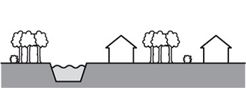 Oblast s nízkou vegetací, například travou, a volně stojícími překážkami (stromy, budovy), mezi nimiž jsou volné plochy o velikosti alespoň 20 výšek překážky.