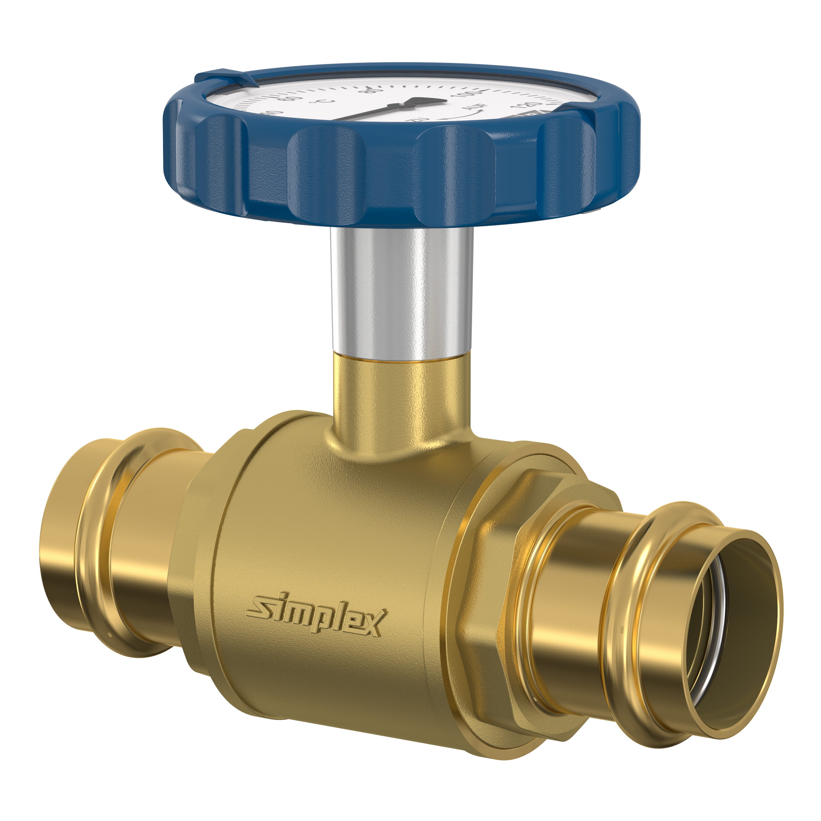 Socket Ball Valve with Press Connection and Blue Thermometer Handle